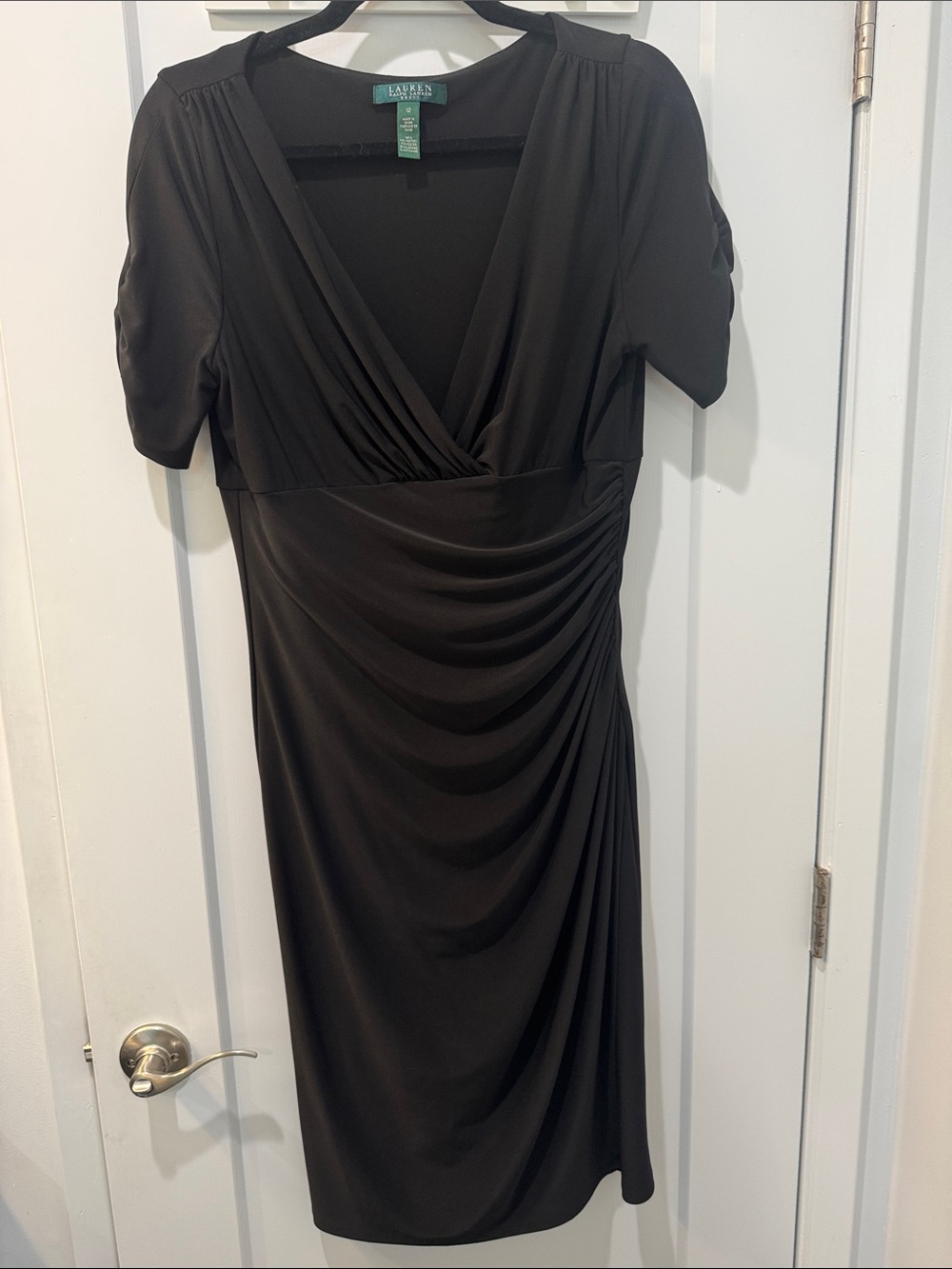 Ralph Lauren Black Faux-Wrap Ruched V-Neck Dress
